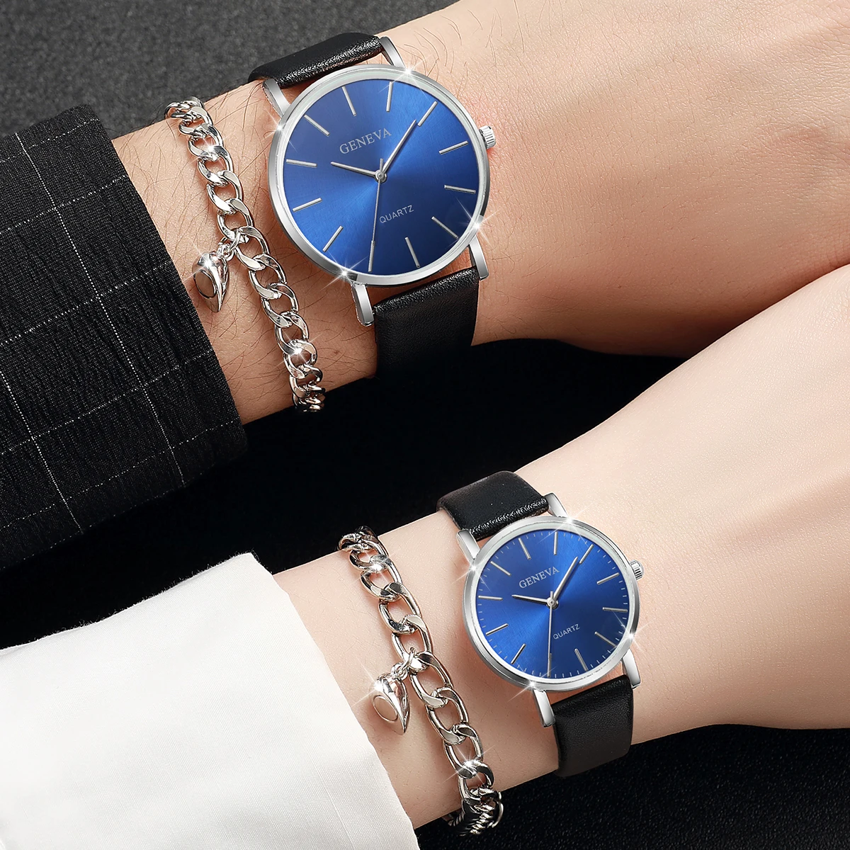 4PCS Couple’s Watches Sest Fashion Blue Dial Women\'s Quartz Watch Men Leather Band Wristwatches Heart Bracelets