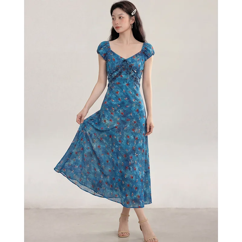 Damen Sommerkleid mit Puffärmeln, Langes Blaues Blumenkleid mit Geraffung und Schmetterlingsknoten, Lässiges Urlaubskleid für Frauen