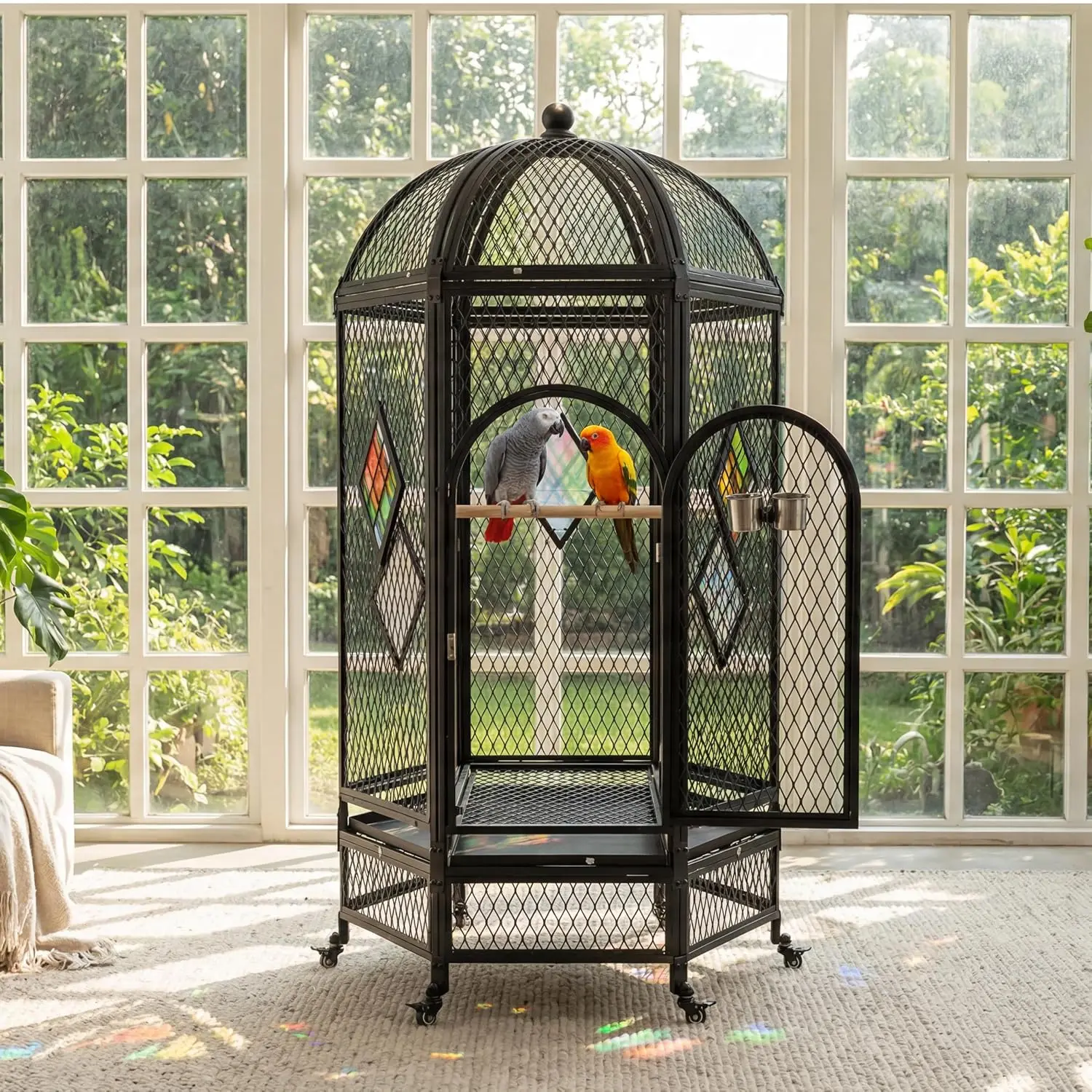 69-Inch Dome Top Bird Cage for Large Parrots, Rolling Aviary, Black, Customized