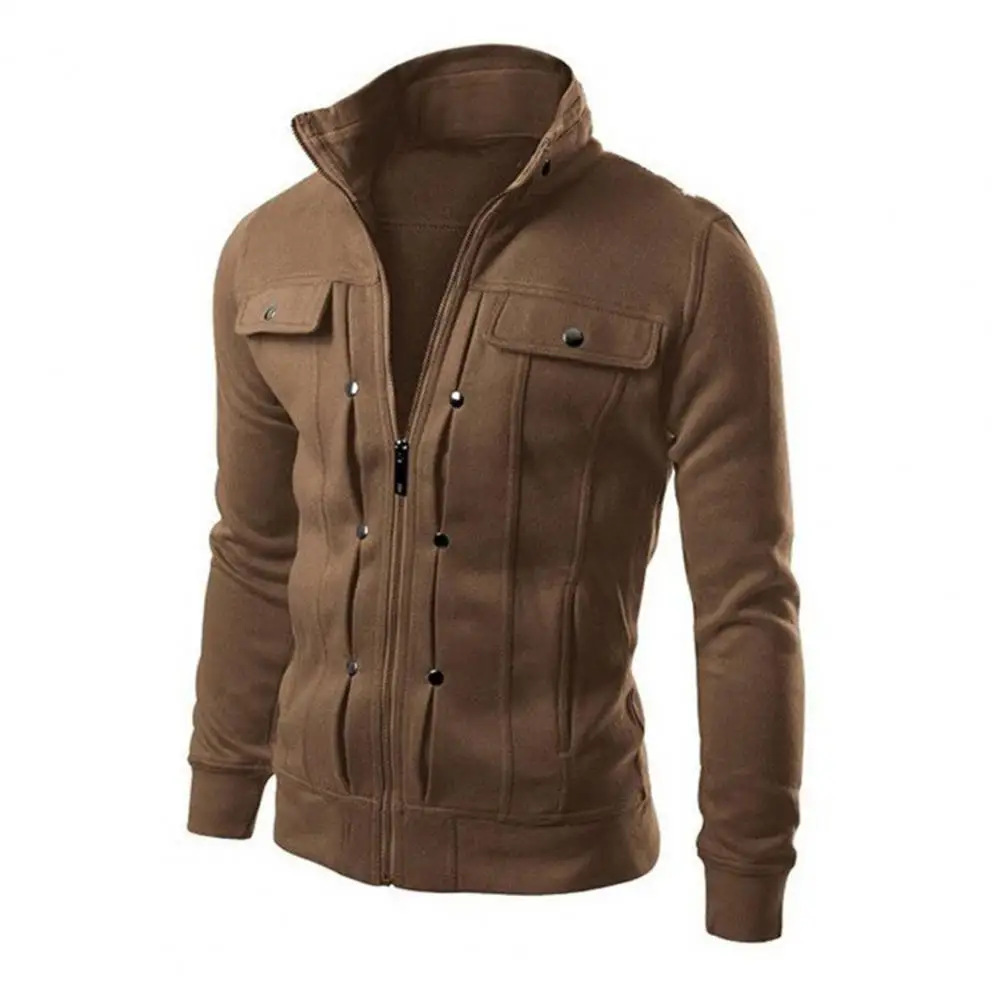 Men Spring Autumn Jacket with Buttons Zipper Closure Solid Color Stand Collar Long Sleeve Casual Jacket Outerwear