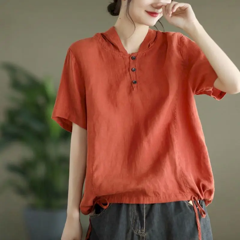 Cotton Linen T Shirts Women Casual Vintage Hooded T-Shirt V-Neck Solid Loose Oversized Short Sleeve Top Summer Trend Thin Tshirt