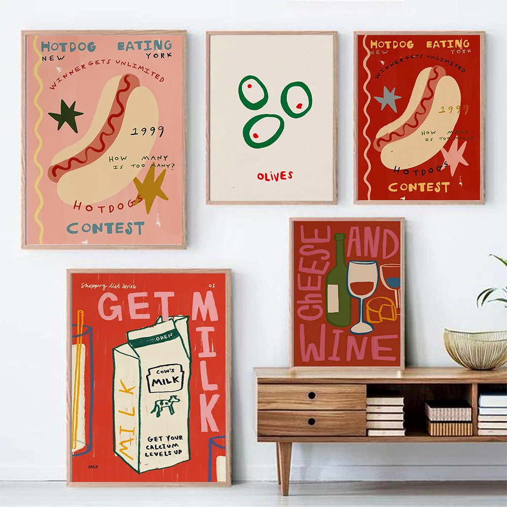 Póster de Cocina Retro con Diseño de Perrito Caliente, Queso y Vino, Ilustración de Comida Callejera, Decoración de Pared con Estética de Aceitunas, Inspiración para el Hogar