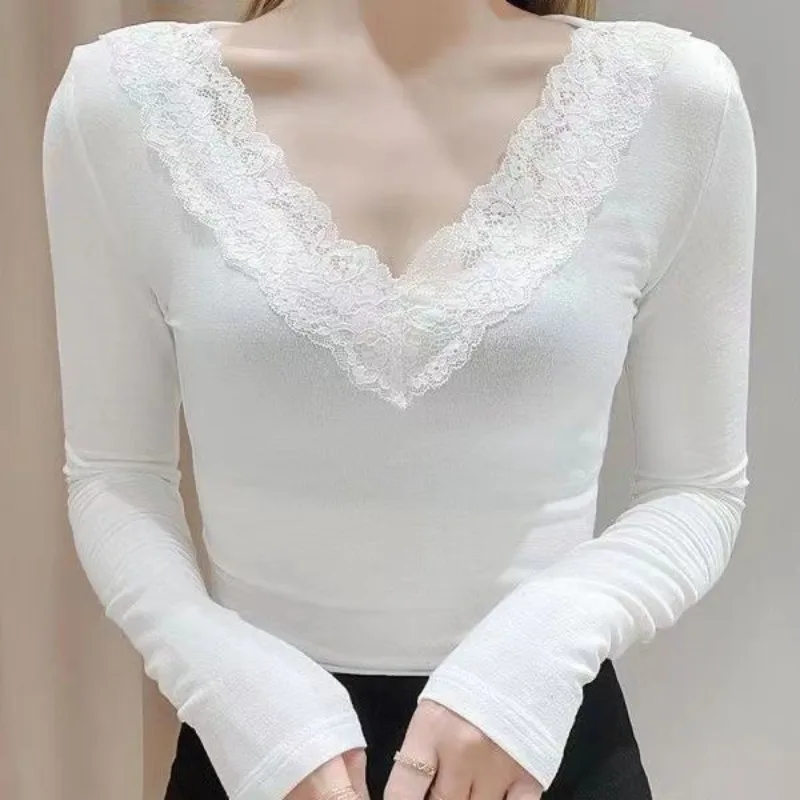 Autumn and Winter Women\'s Solid V-Neck Cotton Liner Long Sleeve Lace Slim Underlay Basic Fashion Sexy Korean Office Lady Tops