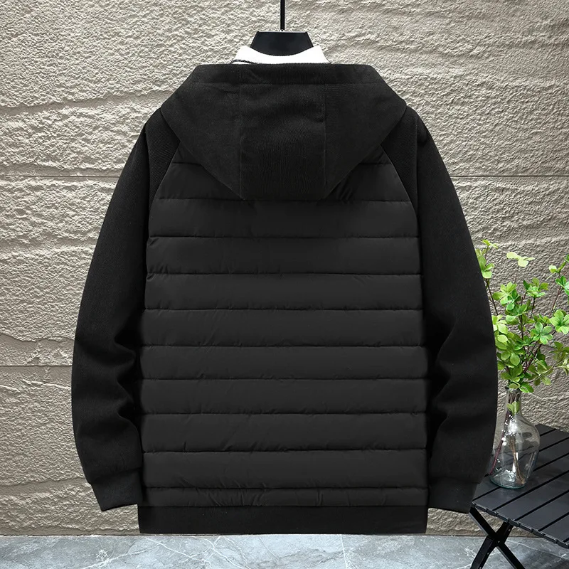 Autumn Winter Plus Size Parkas Men Hooded Patchwork Loose Parka Coat Solid Warm Outwear Casual Zipper Knitted Hooded Jackets Man