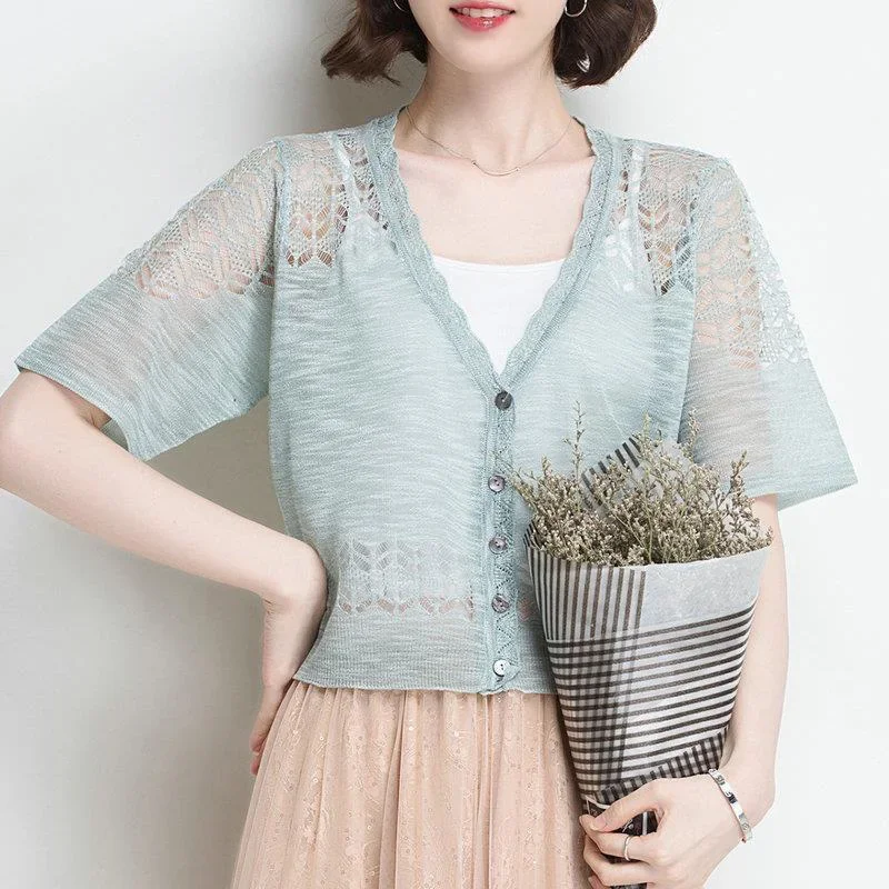 Spring Summer Solid Casual Loose Lace Thin Short Sleeve Knitted Cardigan Women\'s Clothing Elegant V-neck Soft Basic Commute Tops