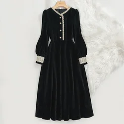 New Autumn Winter High End Velvet Dress Women French Vintage Slim Lace Patchwork Elegant Dresses Hepburn Style Fashion Vestidos