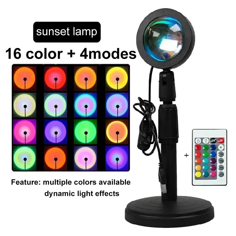 Sunset Lamp USB Projector LED Night Light Adjustable 16 Colors Remote Control Atmosphere Mood Light for Home Room Photography