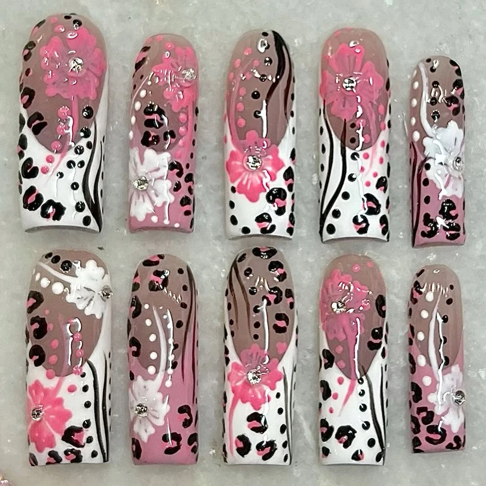 Y2K Spice Girl Style Handmade Long Coffin Stiletto Fake Nails Flowers Polka Point Eyeballs Music Note Bowknot Press On Nails