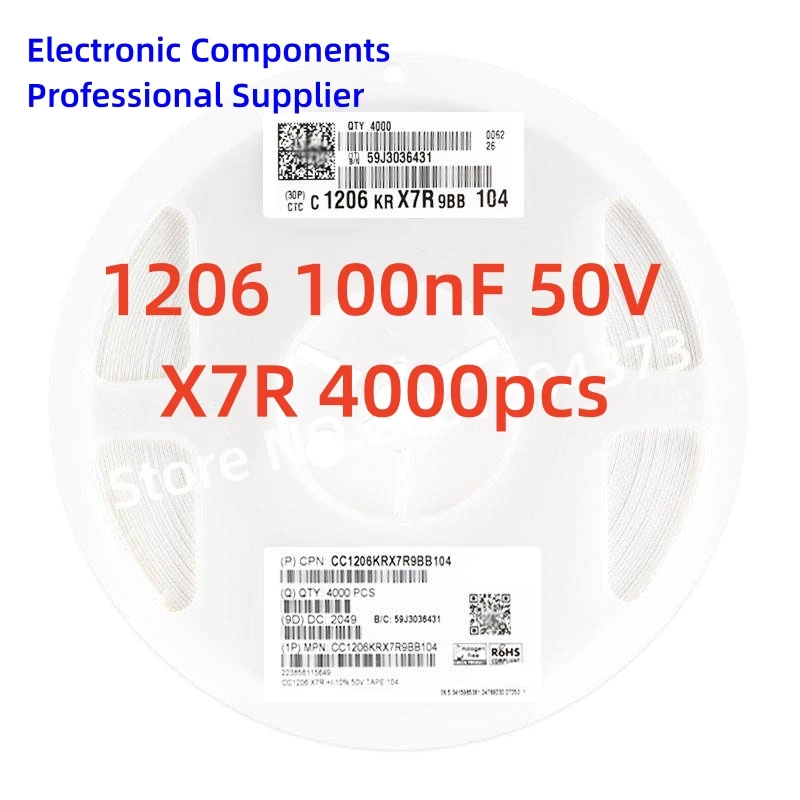 

4000pcs/reel SMD chip capacitor 1206 100nf 0.1uf 50V 3216 3.2X1.6mm 10% X7R CC1206KRX7R9BB104 NEW High quality 1 reel