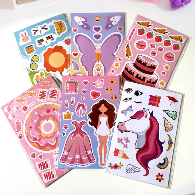6 Pieces/Pack Laser Face Changing Stickers Collage Butterfly Flower Cake Candy Princess Unicorn Series Diy Colorful Puzzle Gift