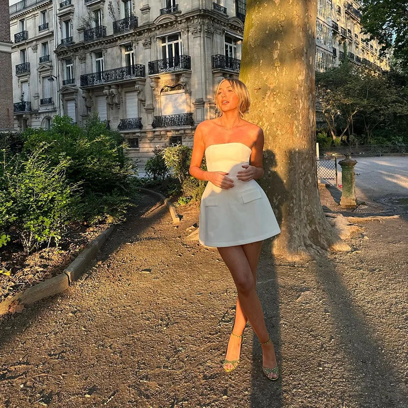 New A-Line Dresses Women Summer Fashion Solid Pockets Sexy Strapless Mini Dress Club Partywear Lady Elegant Casual Slim Dresses