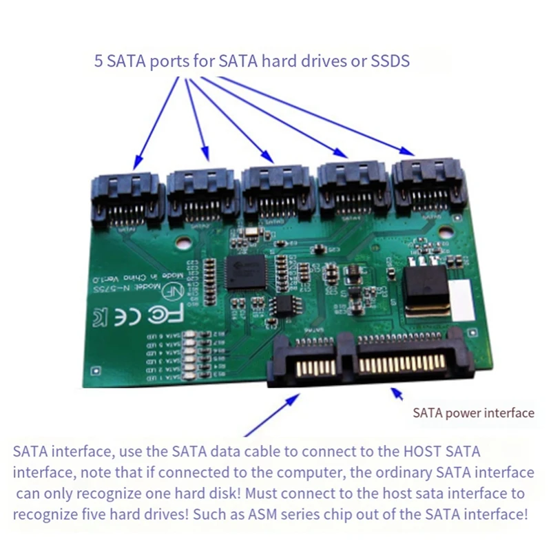 SATA Expansion Card 1 To 5 Port SATA3.0 Controller Card Motherboard SATA Port Multiplier Riser Card HUB Adapter