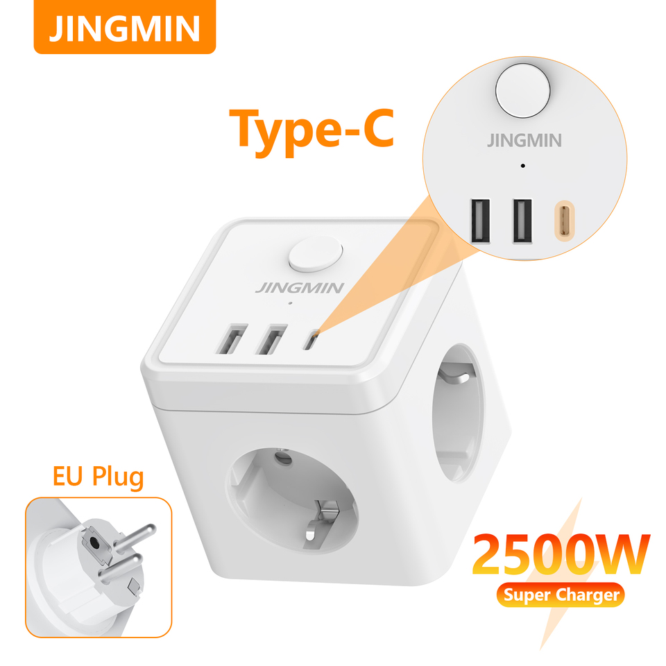 JINGMIN 2500W EU Power Strip Surge Protector 3 AC Outlets 2 USB 1 Type-C Ports Charging With Overload Protection Socket