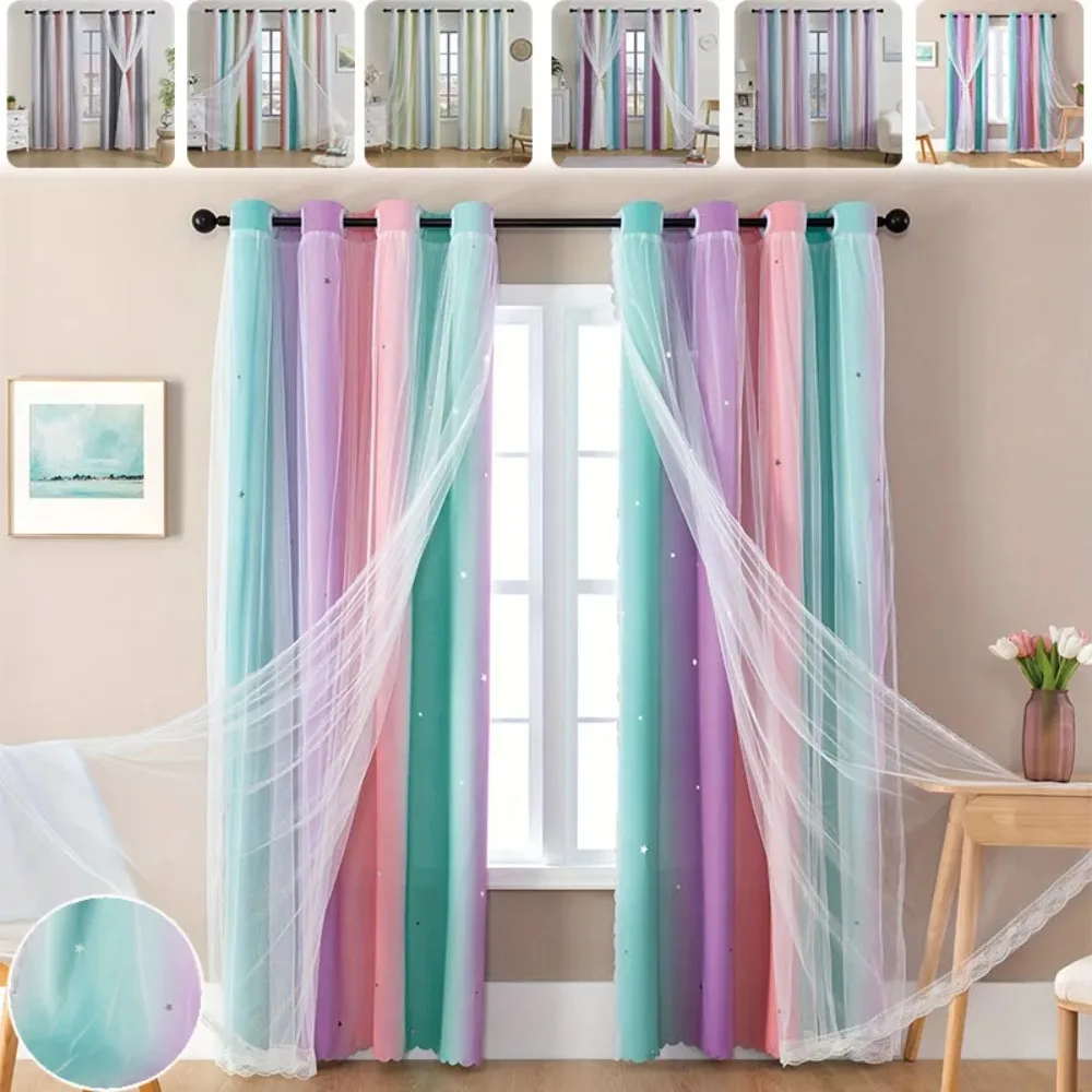 Elegant Gradient Stripe Star Pattern Curtain Double Layers Sheer Rainbow Drapes for Living Room Bedroom Shading Decoration