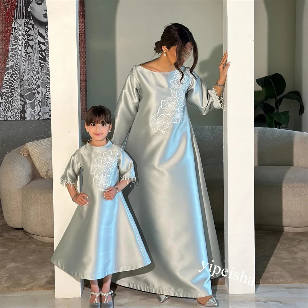 Robe de Rhen satin avec pompon perlé, robes mi-longues, robe de fiançailles, ligne A, col rond, occasion sur mesure, Arabie saoudite