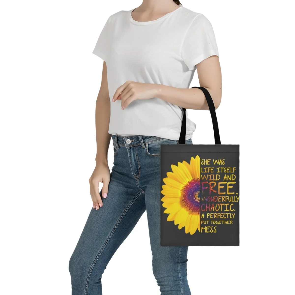 FORUDESIGNS Women's Shopping Bags Sunflower Text Design Canvas Tote Bag Shoulder Bags Eco Friendly Reusable Cute School Tote Bag