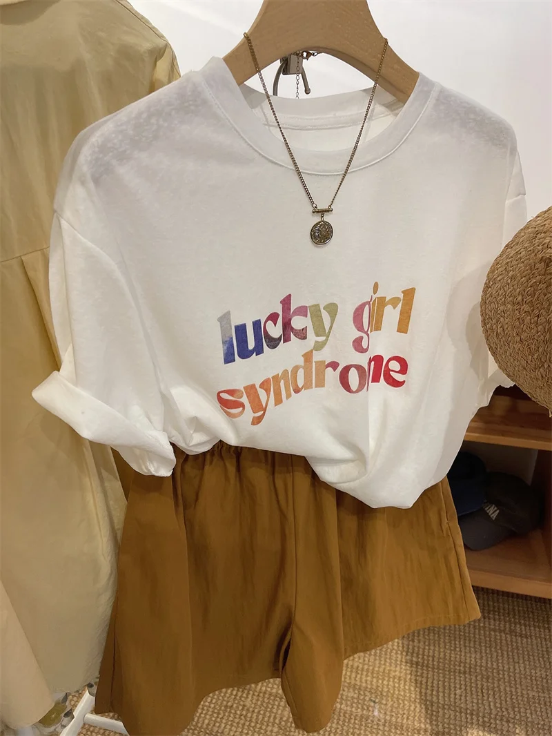

Retro American Letter Print Snowflake Cotton Short Sleeve T-Shirt Women Summer Loose Base Shirt Top Korean Style Com...