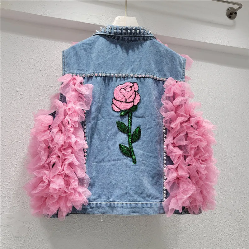 Fashion Rivet Sequin Flower Mesh Stitching Cowboy Vest Women Blue Casual Big Pocket Sleeveless Short Denim Coat Female Waistcoat