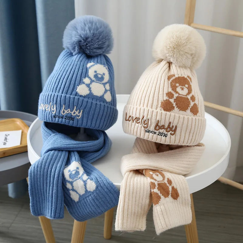 

New Knitted Hat Scarf Sets Winter Warm Cold Protection Knitted Cap Suit Windproof Neck Warmer Children Knitted Hat Girl Boy