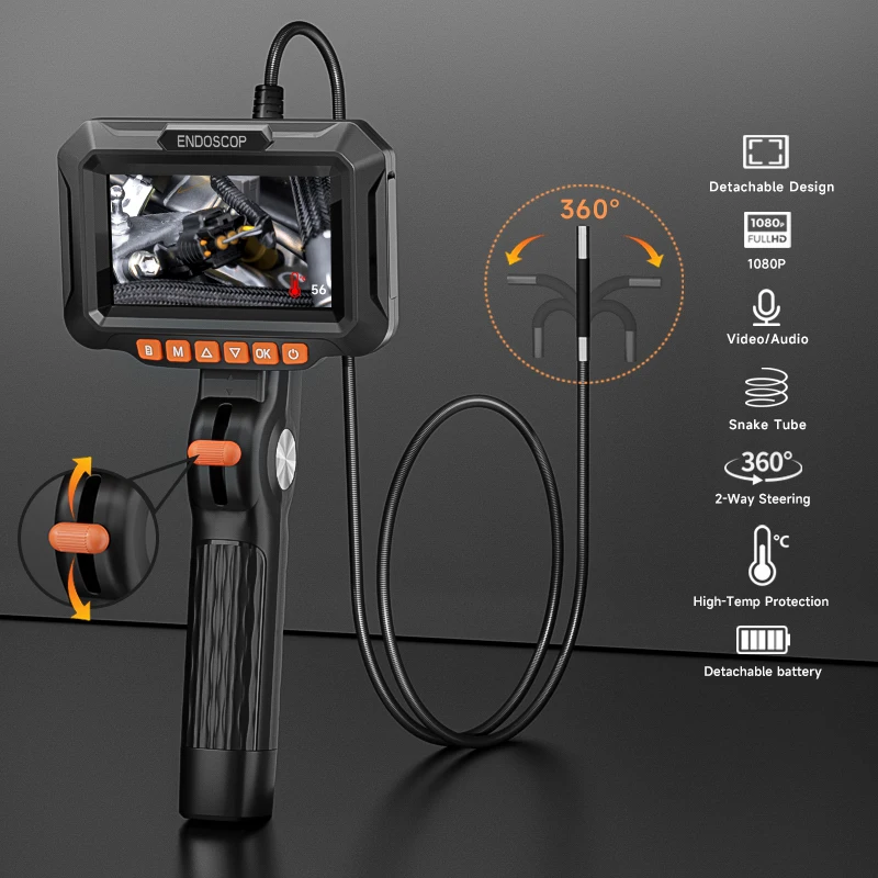 

2-Way Articulating Endoscope Slide Rod Two Way 360° 180° Steering Camera 4.3'' Screen Waterproof Car Inspection Borescope 6LEDs