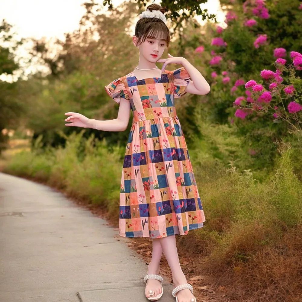 Teens Kids Lolita Dresses for Girls Outfits Short Sleeve School Plaid Dress Baby Summer Children Party Costumes 6 8 10 12 Years