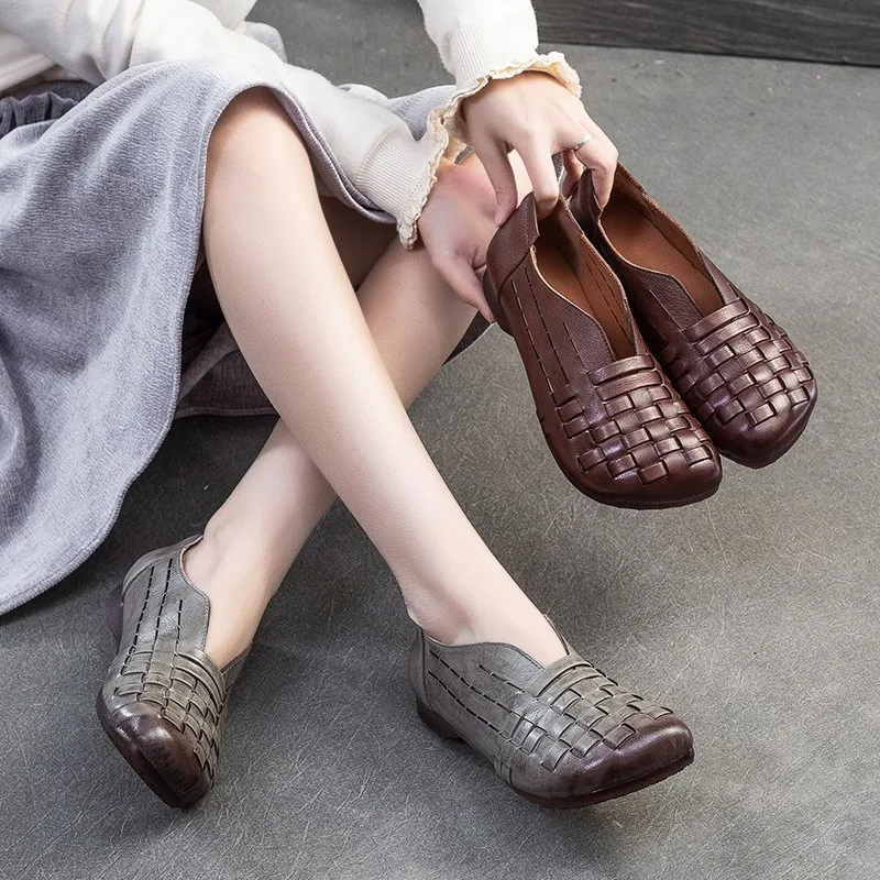 

2026 Spring/Summer New Handmade Woven Retro Sandals Genuine Leather Breathable Comfortable Women's Slip-on Shoes