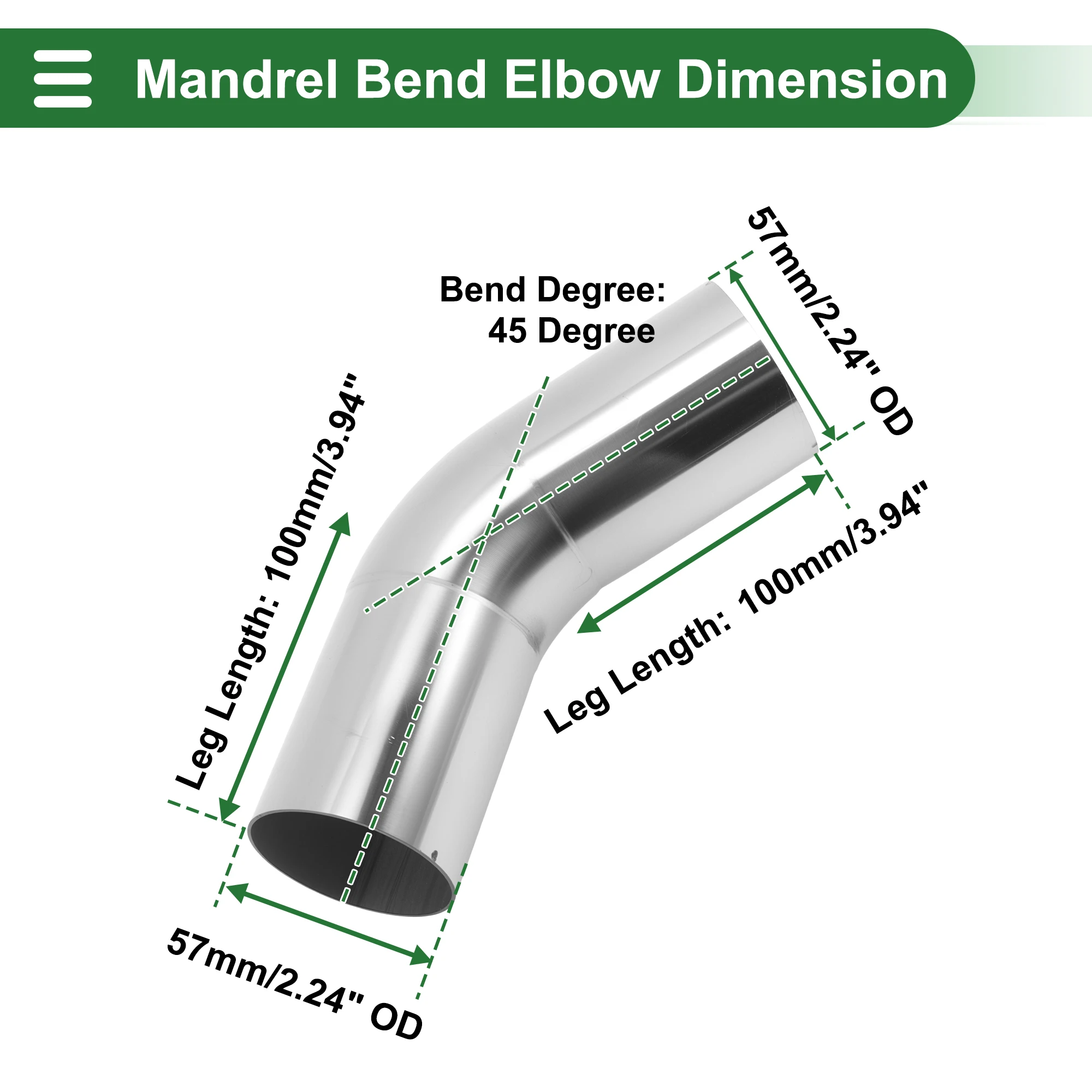 UXCELL 51mm 57mm 76mm 102mm OD Auspuff-Krümmerrohr T201 Edelstahl Universal 45 Grad Mandrel-Bend-Winkelrohr-Verbindung – Detail 5