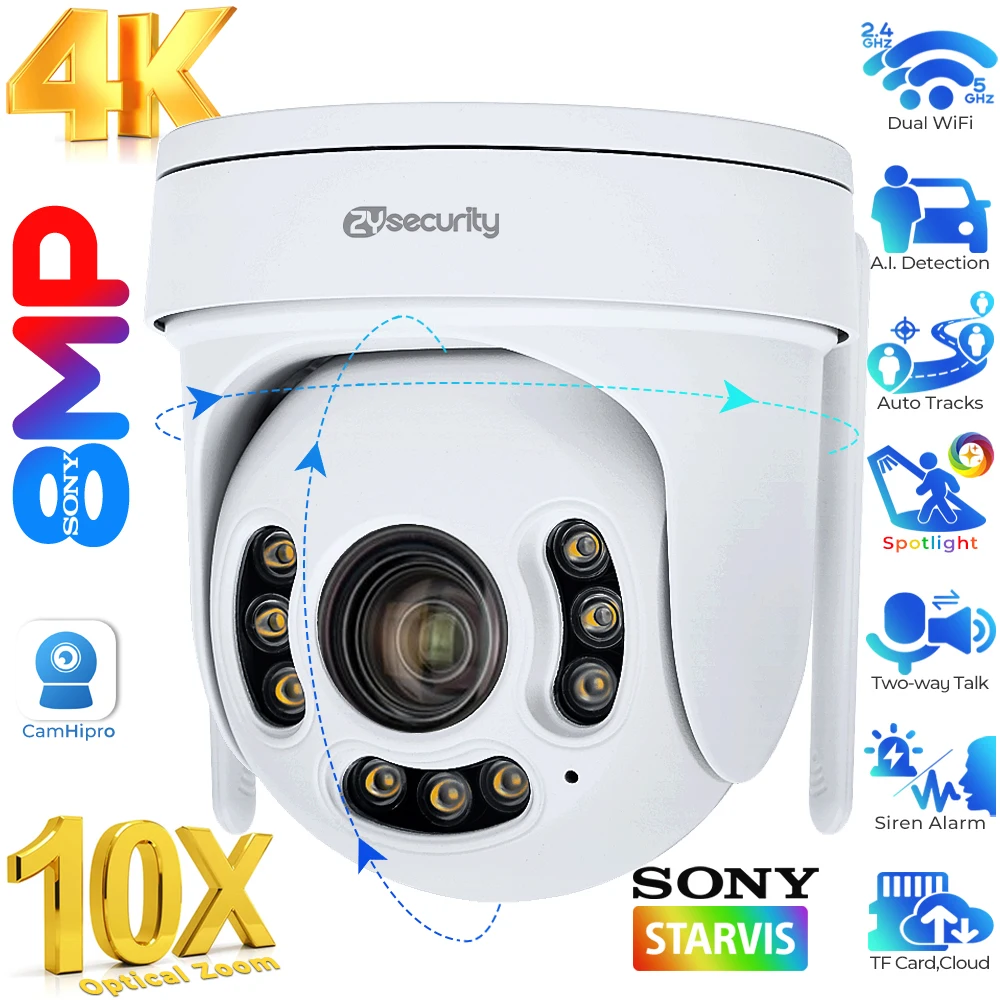 

4K 8MP WiFi POE Dome IP Camera 5X Optical Zoom PTZ Auto Tracking Outdoor Surveillance Camera Human Detect Security Cameras CamHi