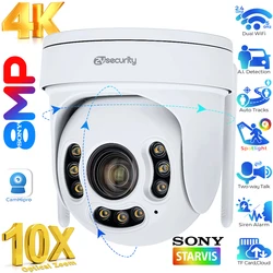 4K 8MP WiFi POE Dome Câmera IP Zoom óptico de 5X PTZ Rastreamento automático Câmera de vigilância externa Detecção humana Câmeras de segurança CamHipro Áudio bidirecional Visão noturna colorida