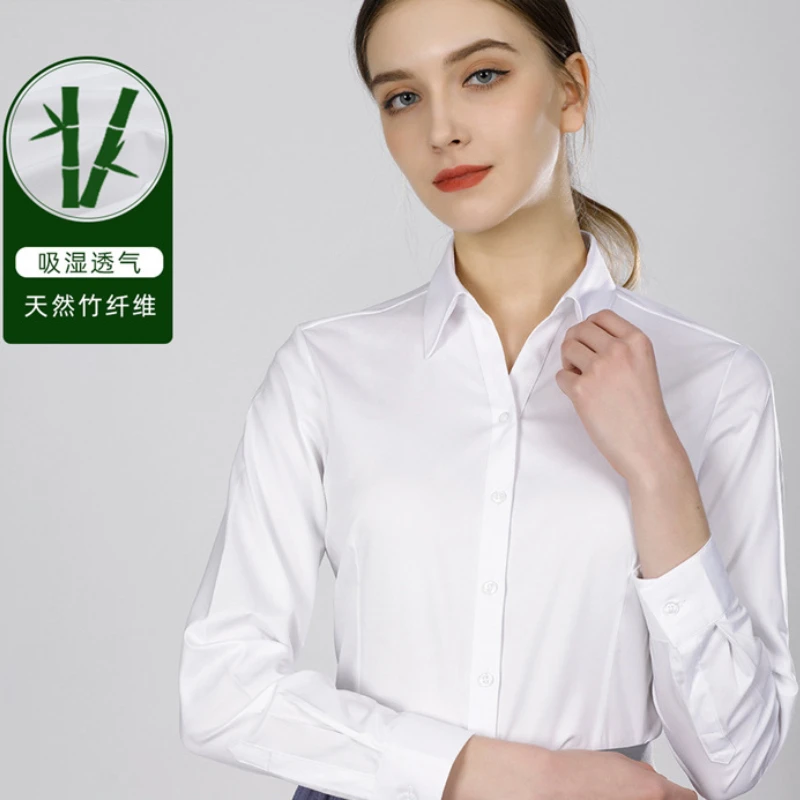 New bamboo fiber women\'s long-sleeved business formal wear non-ironing anti-wrinkle stretch slim professional ladies white shirt