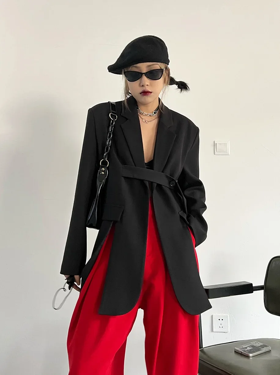 Women Gray Ribbon Slit Big Size Blazer New Lapel Long Sleeve Loose Fit Jacket Fashion Tide Spring Autumn 2024 Street Style