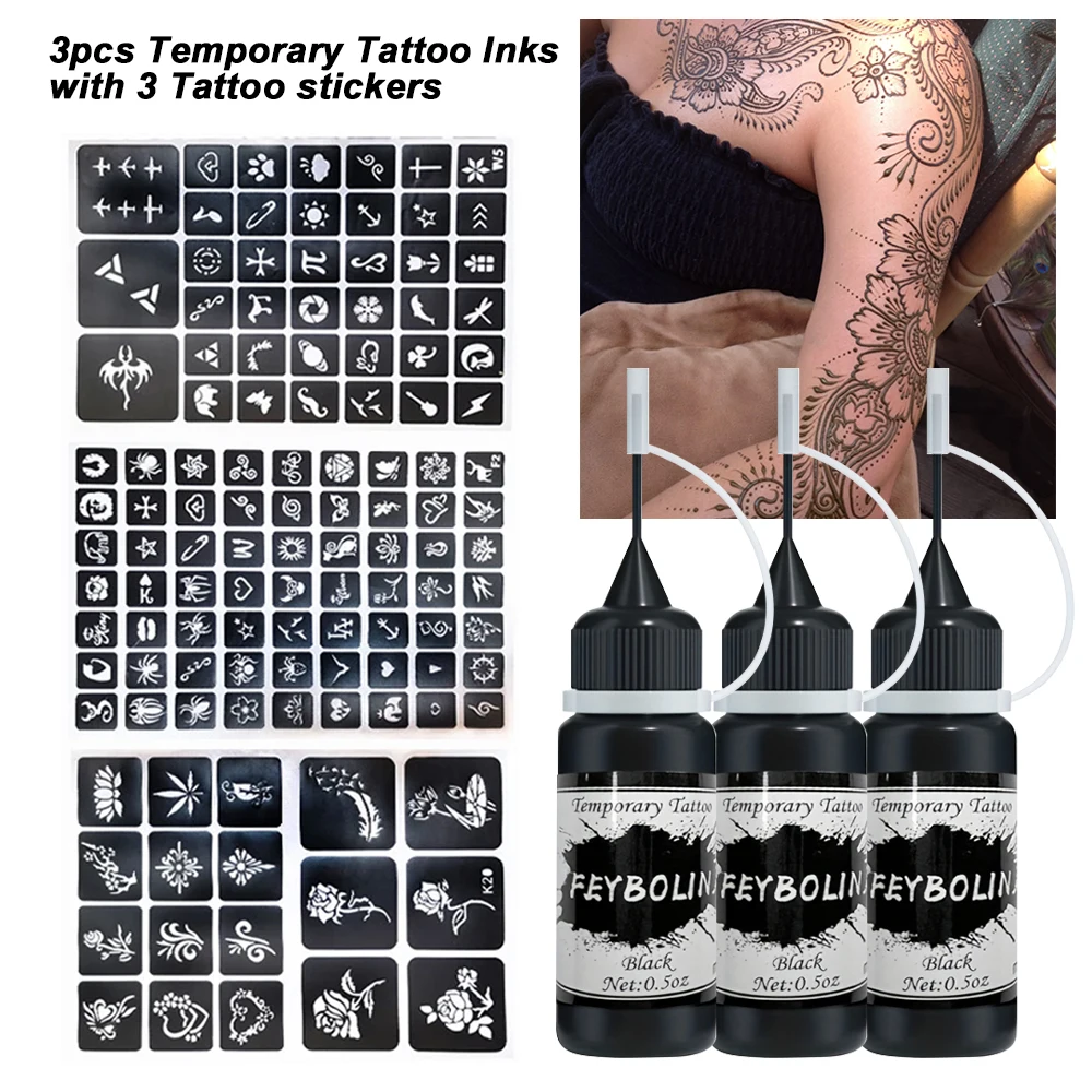 3pcs Temporary Tattoo Inks with 3 Tattoo Stickers Long-Lasting Kit, Freehand Painting Gel for Makeup Trend Party Tattoos for Fac