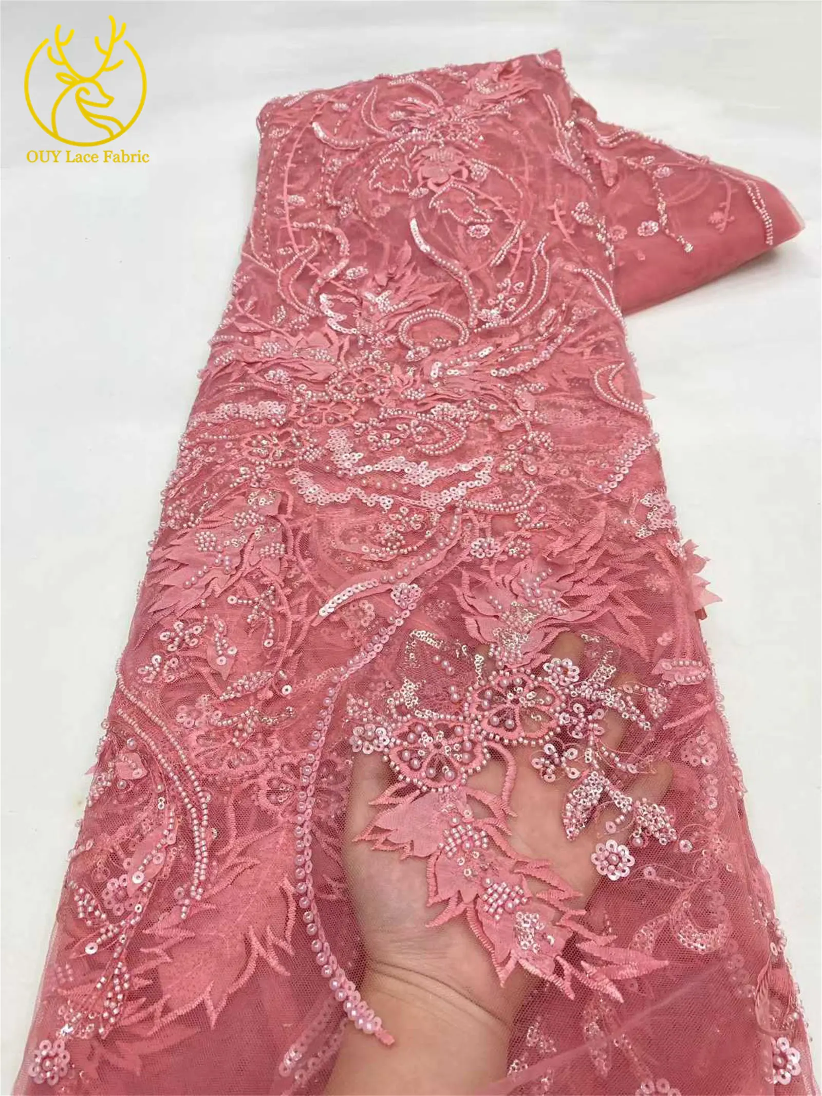 Tessuto africano del pizzo in rilievo 2026 Francese-Nigiano ricamato tulle tessuto di pizzo con paillettes festa di nozze abito da sposa da donna cucito