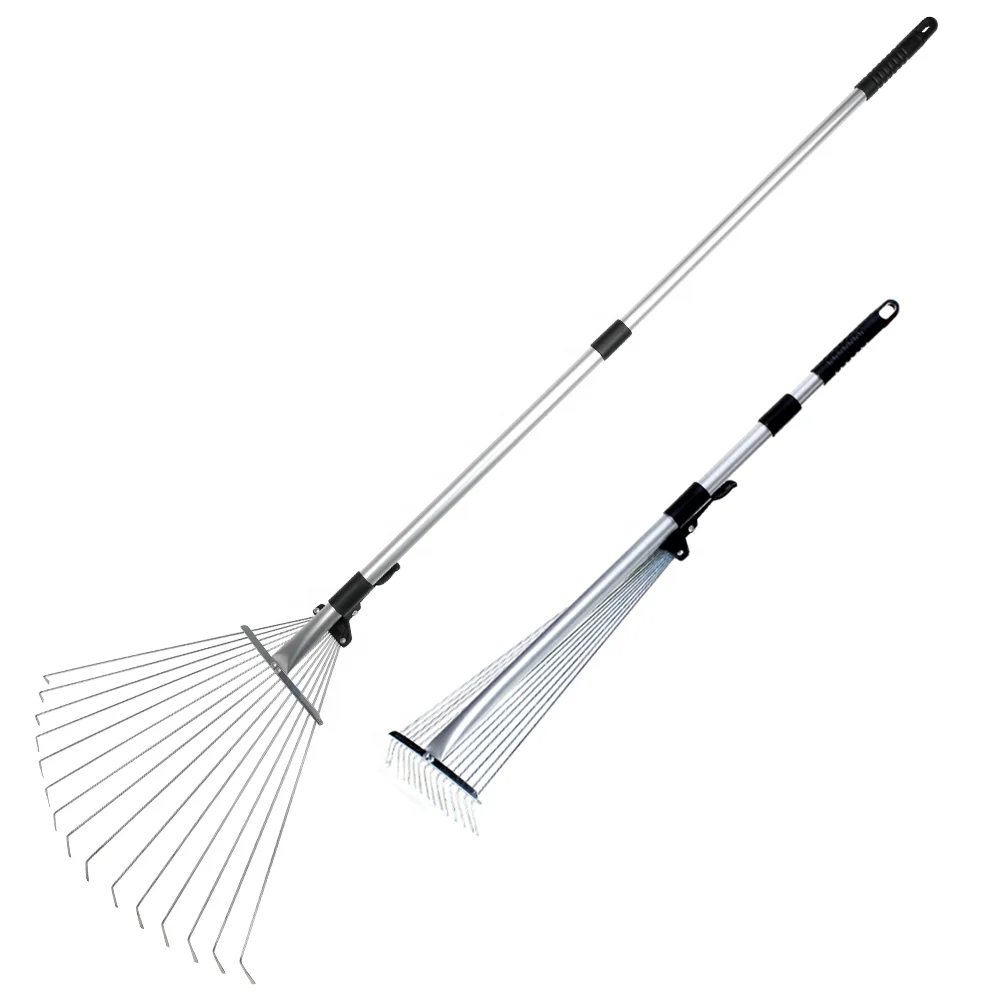 

2025High Quality Garden Rake Adjustable Aluminum Handle 15 Teeth Gardening Hand Tools Metal Rake Telescopic Garden Leaf Rake