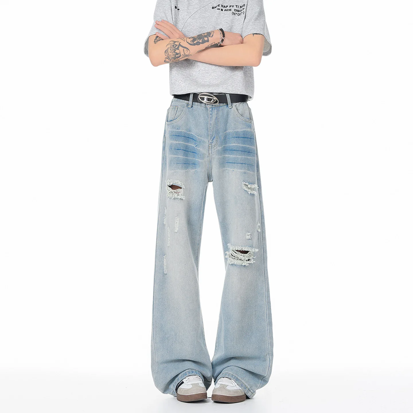 American Street Style Ripped Jeans For Men Summer Casual Fashion Loose Washed Distressed Straight Leg Male Denim Pants