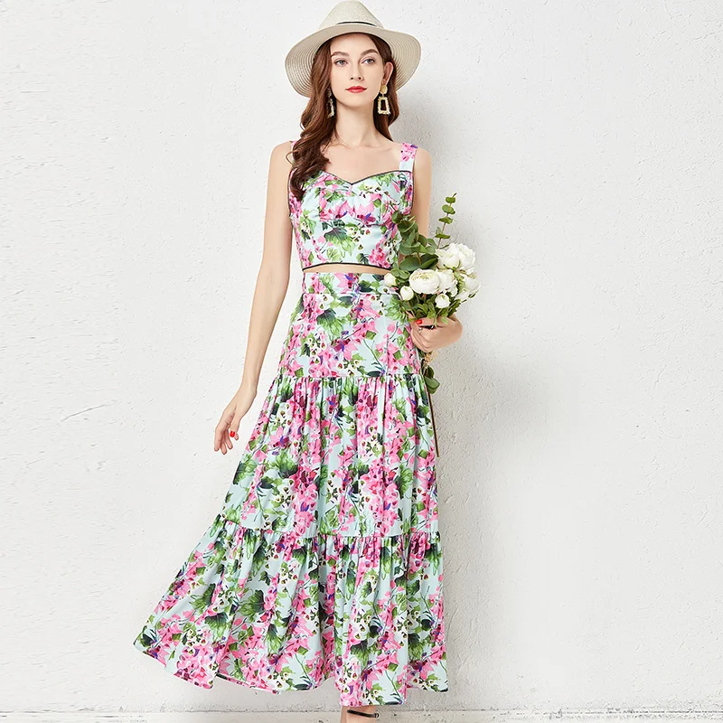 Runway Summer Two Piece Dress Suits Women Straps Crop Tops + Long Maxi Skirts Sets Fashion Floral Print 2 Pcs Dress Outfits