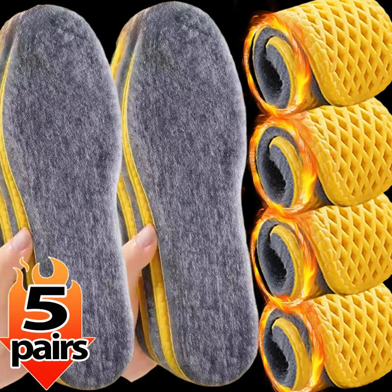 1/5Pairs Winter Plush Insoles Women Men Winter Thicken Wool Shoe Pads Memory Foam Shock-absorbent Breathable Self Heated Insoles