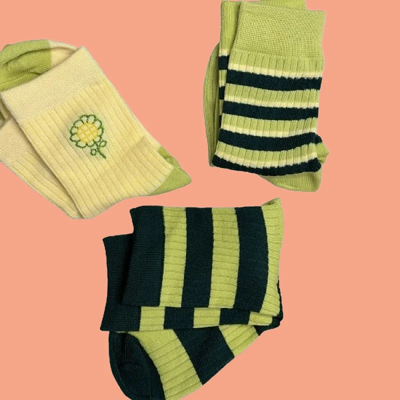 2024 New 3/6/12 Pairs Green Striped Socks High Quality Women's Mid-tube Socks Contrast Color Small Flower All-match Long Socks