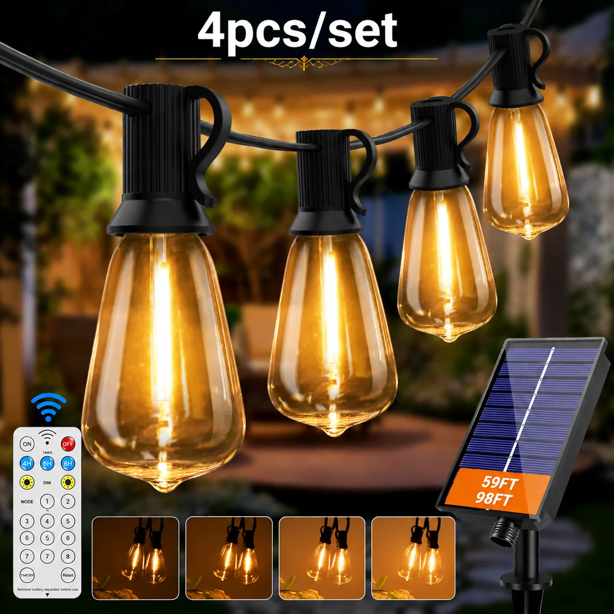 4pcs set Solar Globe LED String Lights G40 USB Recharger 8 Light Modes Remote Control Garden Waterproof Patio Hanging Light