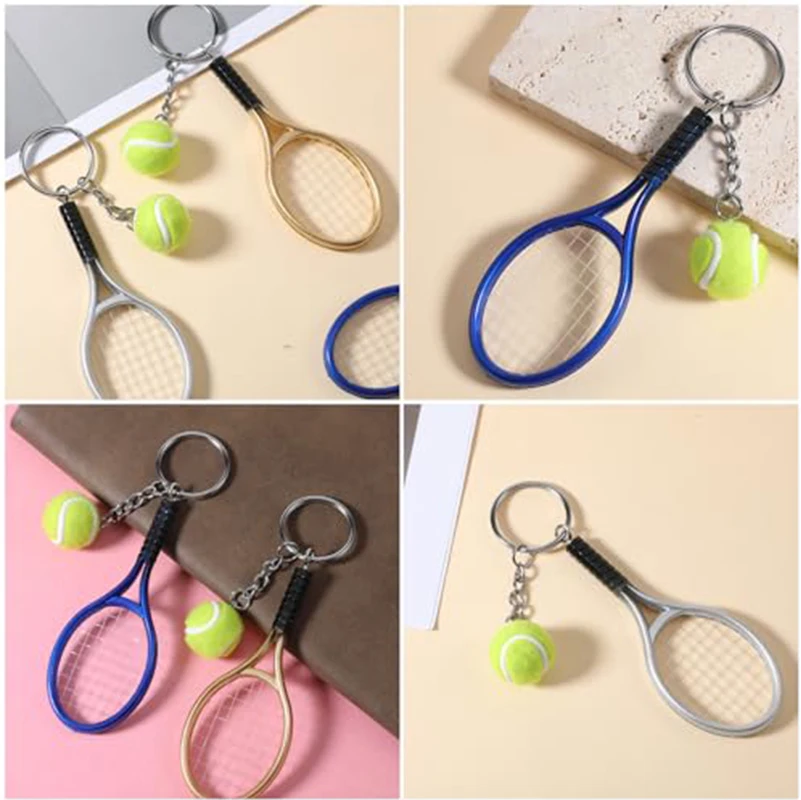 60Pcs Cute Mini Tennis Racquet Keychain Tennis Ball Pendant Key Rings, Sport Souvenir Accessories for Tennis Fans