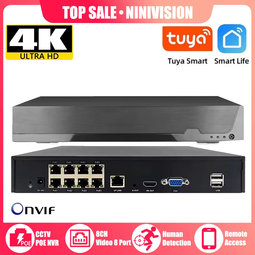 4K 8MP Tuya Smart Life 8CH Human Face Detection POE ONVIF NVR Video Recorder CCTV System Network P2P Video Surveillance Camera