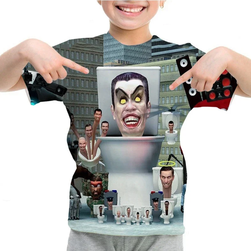 Camiseta casual de manga curta infantil skibidi engraçada, camiseta infantil com estampa do homem-falante, blusa infantil com gola o verão