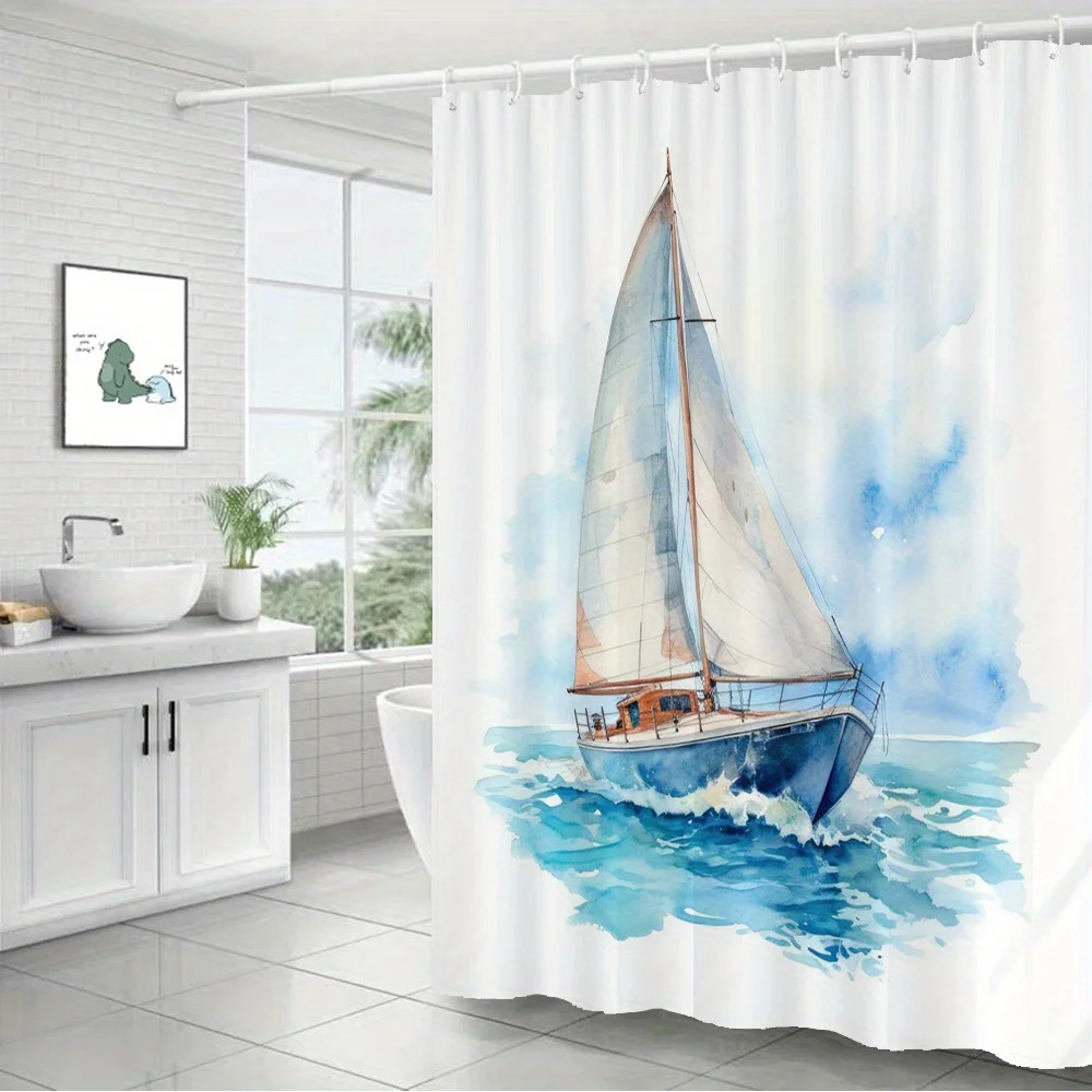 Nautical Watercolor Sailboat Shower Curtain Polyester Digital Printing Hand‑painted Style Yacht Sailing Across Turquoise
