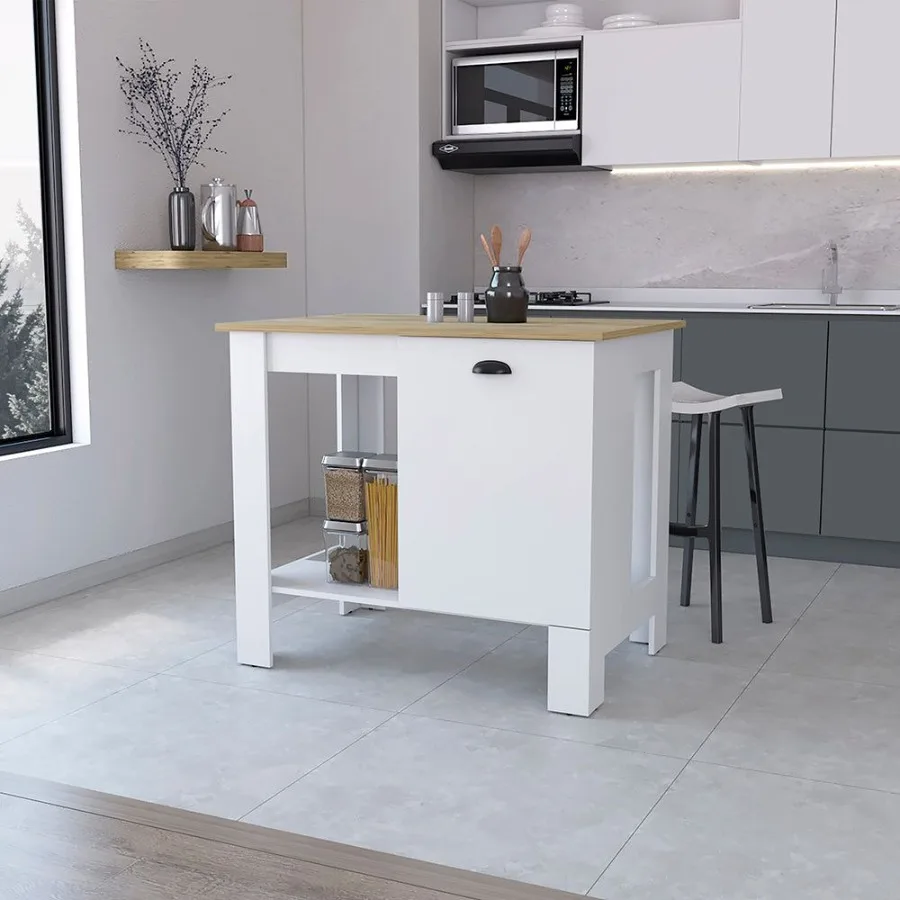 

Vancouver 1Door Kitchen Island with Open Shelf White and Macadamia