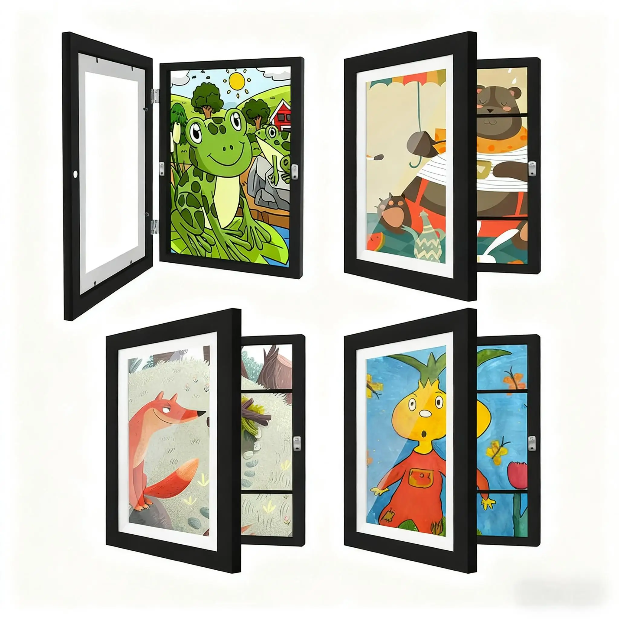 4pcs Front Opening Kids Art Frames Changeable A4 Photo Artwork Wooden Frame Magnetic Closure Holds 150 Drawings Home Decoration