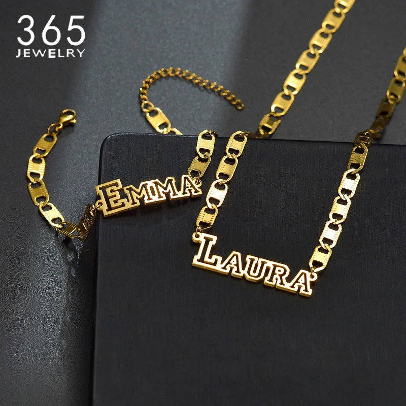 365 Custom Name Necklace Bracelet Thick Chain Hollow Font Stainless Steel Personalized Nameplate Fashion Jewelry Birthday Gifts