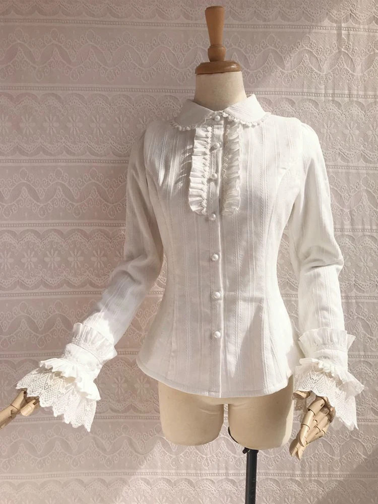 2026 Spring New Women White Vintage Victorian Lolita Shirt Long Sleeve Lace Ruffle Cuff Embroidery Peter Pan Collar Clothing