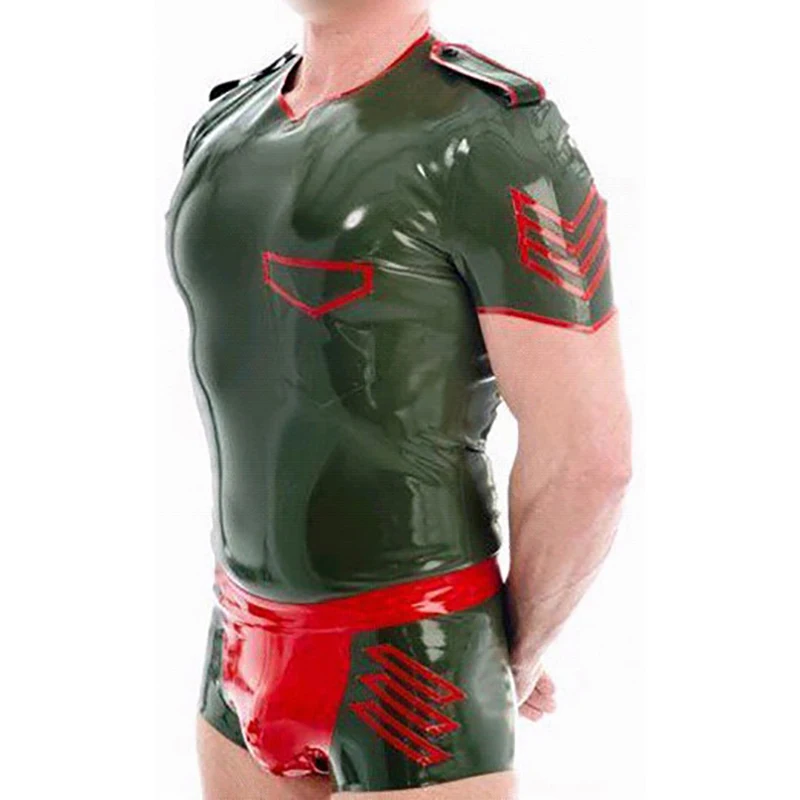 Uniforme militar de látex Sexy verde oliva y rojo, camisa de goma, bañadores, calzoncillos tipo bóxer, bolsa para hamaca, calzoncillos Hipster YF-0117