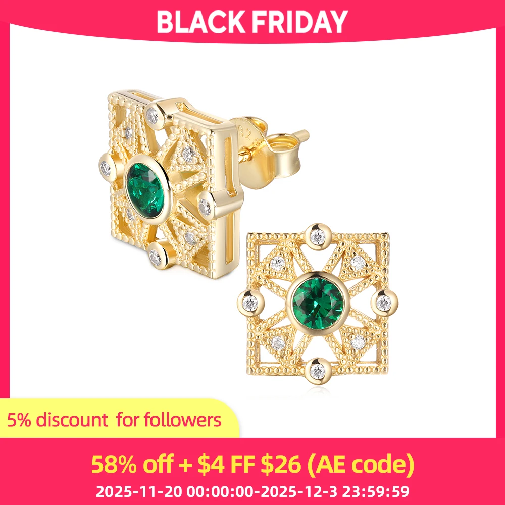 

ANDH 14K Yellow Gold Plated Vintage Emeralds Moissanite Stud Earrings for Women Laboratory Gemstone Wedding Party Jewelry Gifts