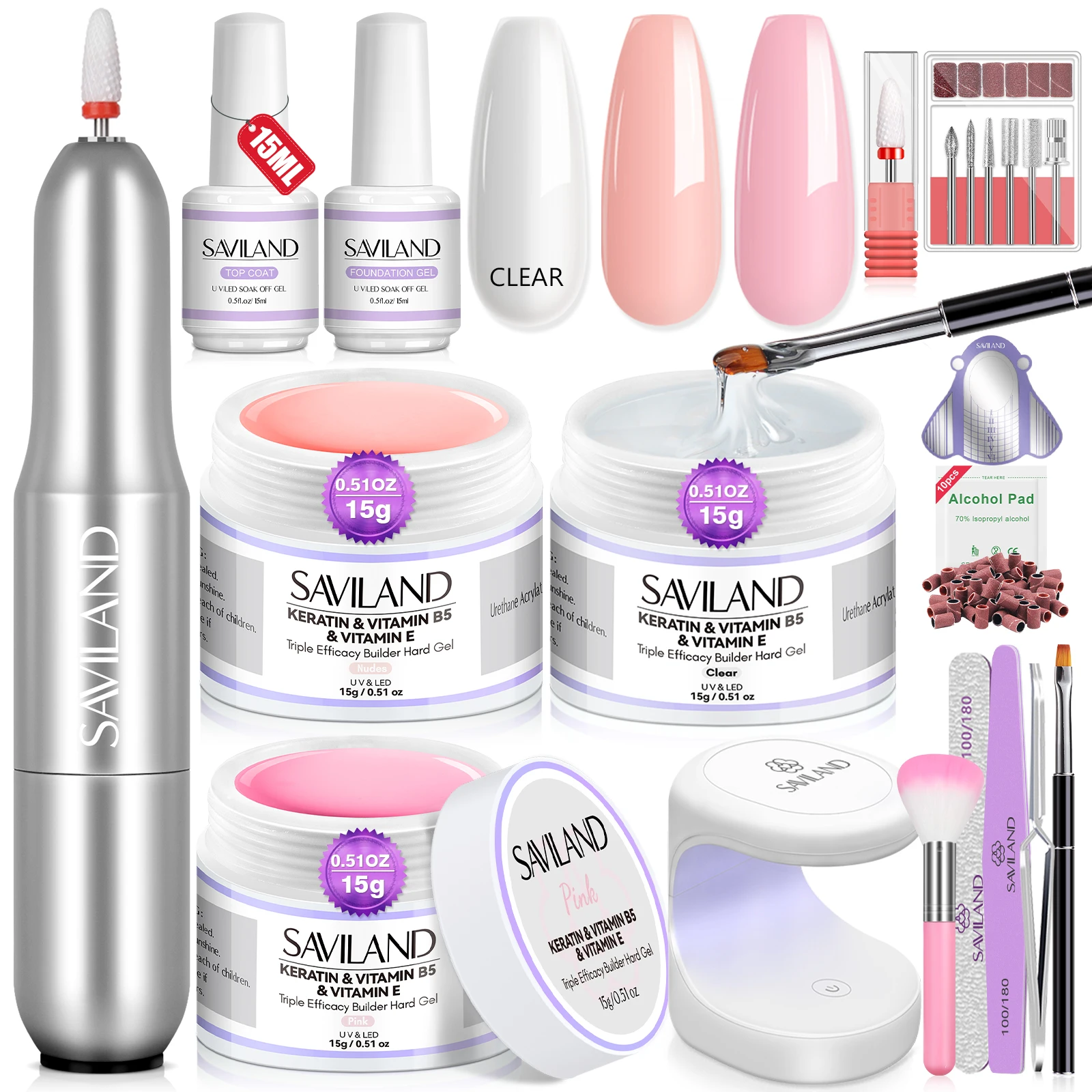 SAVILAND Gel Nail Polish Kit 3pcs Builder Nail Gel with UV Nail Lamp Electric Nail Drill Machine Base&Top Coat Gel Polish Set